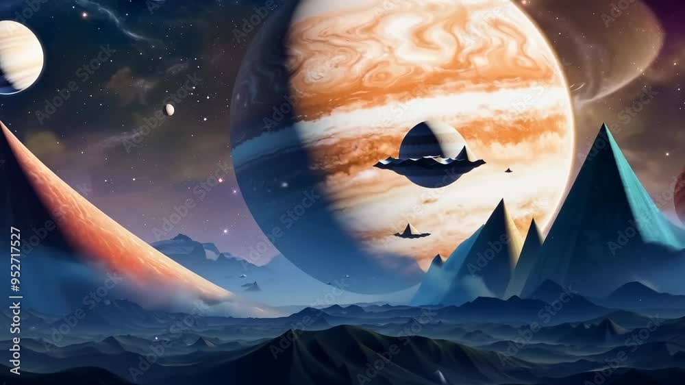 Poster exploring a distant planetary system with giant planets and pyramids generative ai