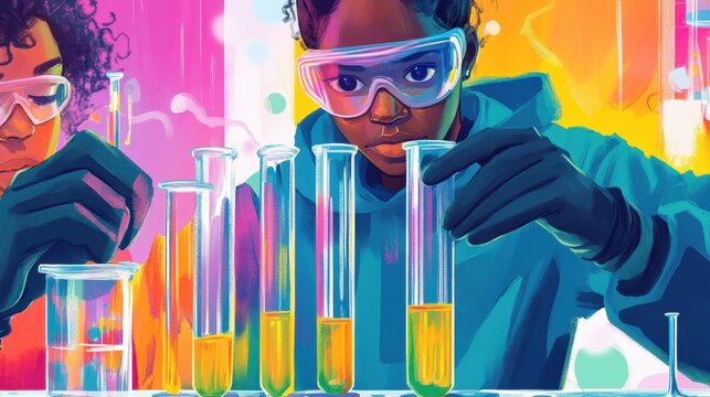 Young Student Engaged in Exciting School Science Experiment with Test Tubes and Beakers under Teacher Supervision in Classroom Setting