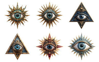 Mystical eyes symbols in different shapes and designs isolated on transparent background