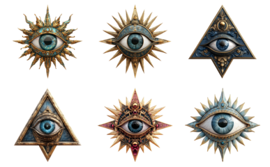 Mystical eyes symbols in different shapes and designs isolated on transparent background