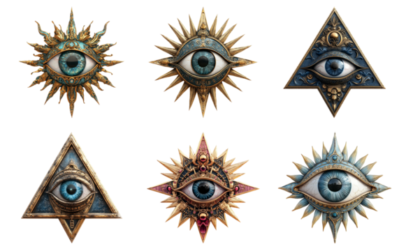 Mystical eyes symbols in different shapes and designs isolated on transparent background