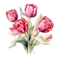 Fototapeta premium pink tulips bouquet, watercolor painting clipart, isolated floral object, perfect for spring design or cards