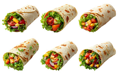 Various fresh vegetable wraps in tortilla bread isolated on transparent background
