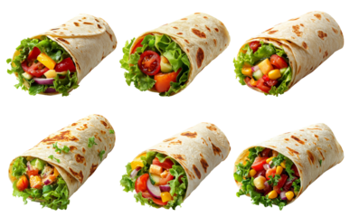 Various fresh vegetable wraps in tortilla bread isolated on transparent background