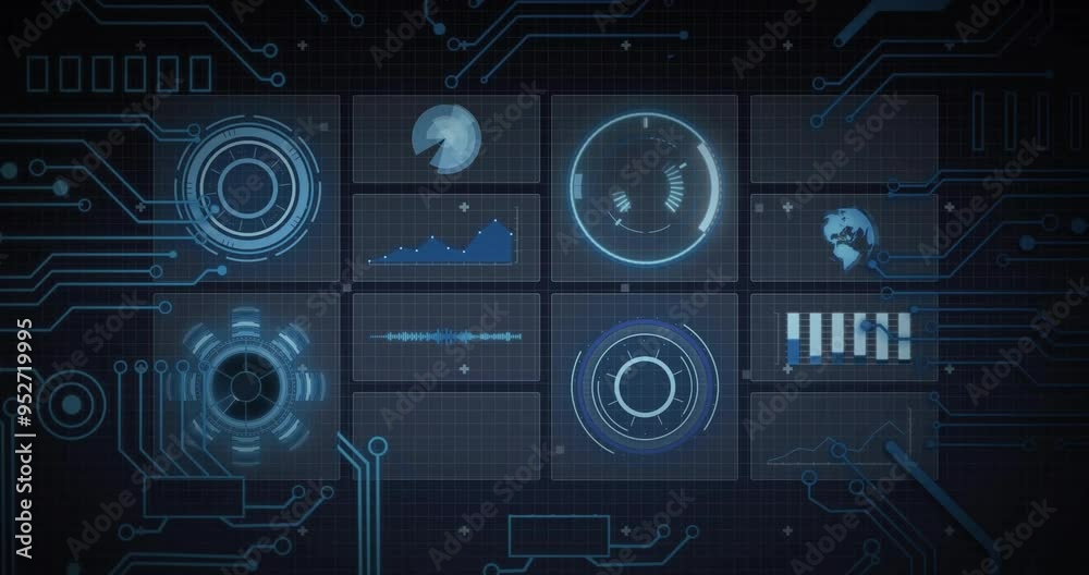 Poster futuristic data processing animation over circuit board background, digital interface