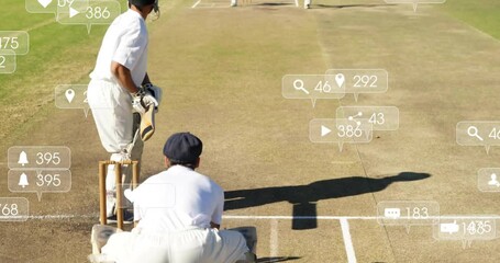 Cricket players on field with social media engagement animation overlaid - Powered by Adobe