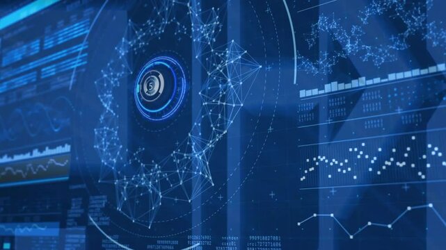 Futuristic data processing and network connections animation over digital interface