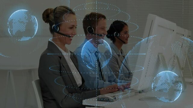 Customer service representatives working at computers with global network animation
