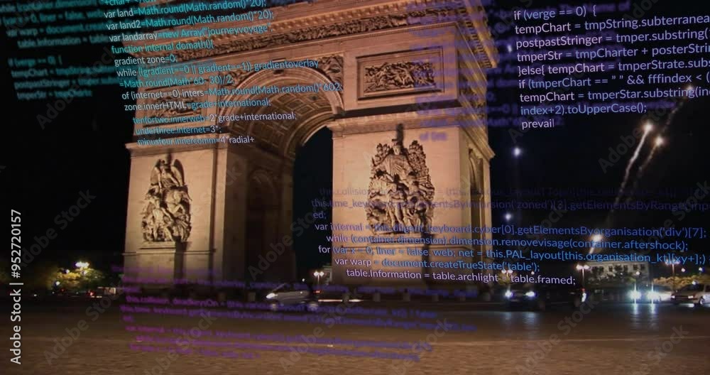 Poster Animating programming code over Arc de Triomphe at night