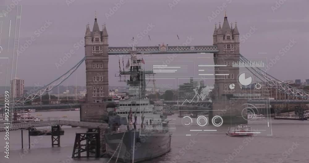 Poster data analytics and global network animation over tower bridge and river scene