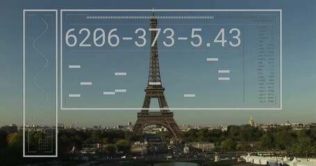 Data processing animation overlaying Eiffel Tower and Paris cityscape - Powered by Adobe