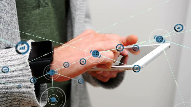 Using smartphone, person interacting with digital network connections in animation