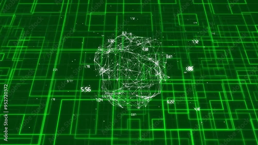 Poster geometric network and data points animation over green grid background