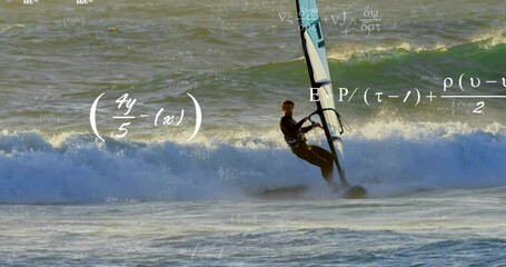 Windsurfing in ocean waves with scientific formulas and molecular structures animated - Powered by Adobe