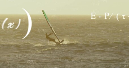 Animating mathematical equations and scientific formulas over windsurfers on ocean waves - Powered by Adobe