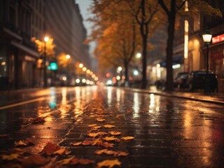 Naklejka premium Empty road wet in city in autumn time.