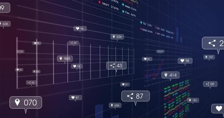 Social media engagement icons animation over financial data charts and graphs - Powered by Adobe