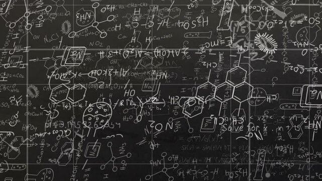 Animating complex scientific formulas and chemical structures on blackboard background
