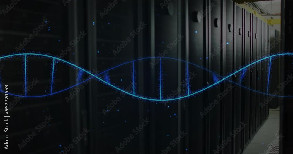 Wall mural animating dna strand and binary coding over server racks in data center