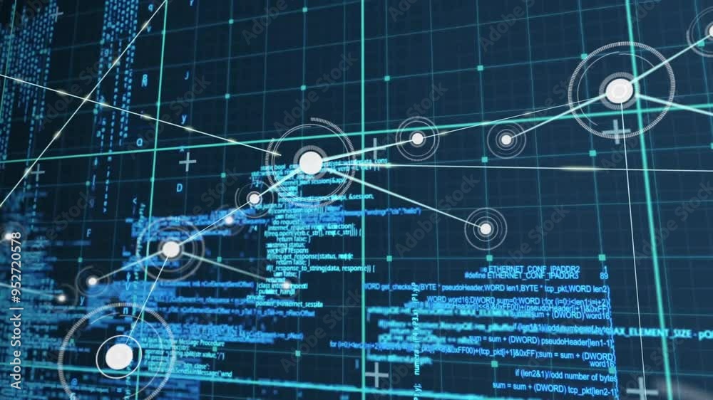 Poster network connections and data processing animation over blue digital grid background