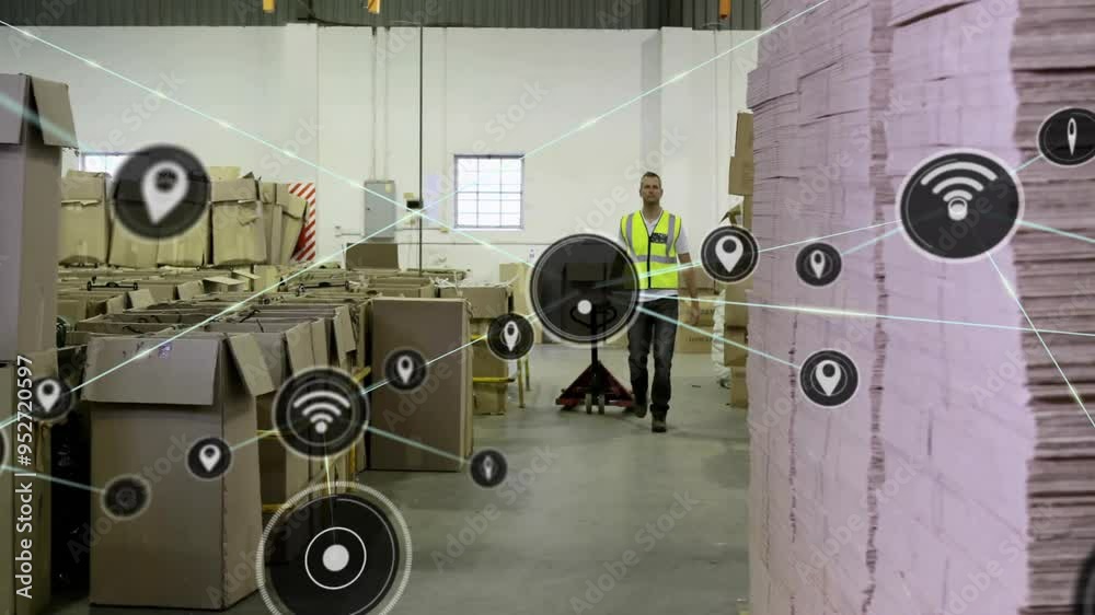 Poster warehouse worker moving boxes, network of connections and data animation over scene
