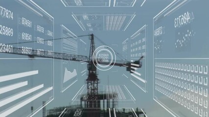 Digital data processing animation over construction crane and building site - Powered by Adobe
