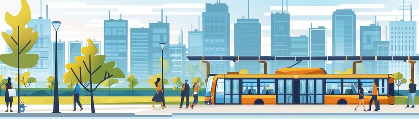Obraz premium Illustration of urban cityscape with modern tram, people waiting at a station, and high-rise buildings in the background.