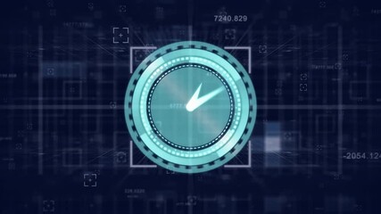 Animating digital clock over futuristic data processing background - Powered by Adobe