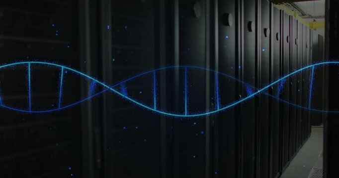 Animating DNA strand and binary coding over server racks in data center - Powered by Adobe