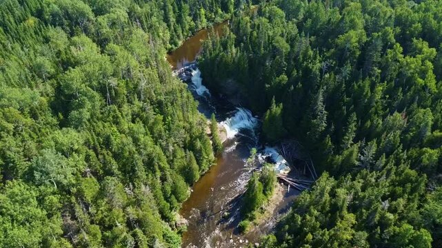 Descente de drone vers une cascade de chutes d'eau entour&eacute;e de for&ecirc;t verdoyantes et de falaises escarp&eacute;es ou se regroupe des arbres morts flottants. ( Chutes Tartigou, Saint-UIric, Qu&eacute;bec. )