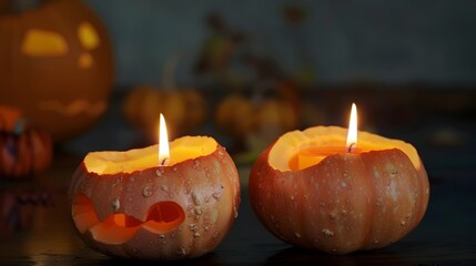 Two carved pumpkins with lit candles inside create a warm and inviting ambiance for Halloween.