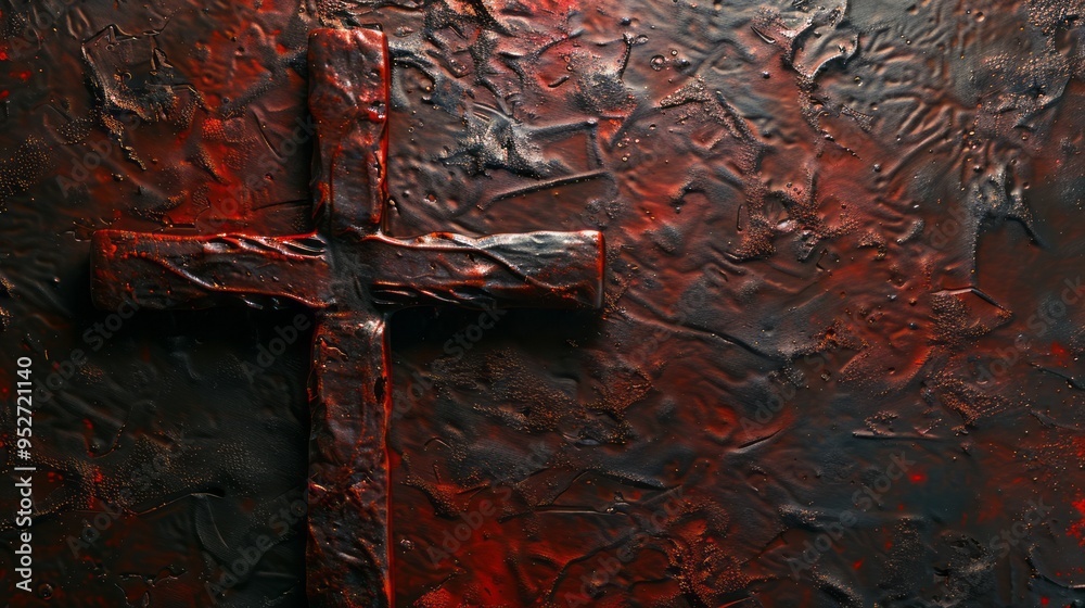 Poster a cross is painted on a red background
