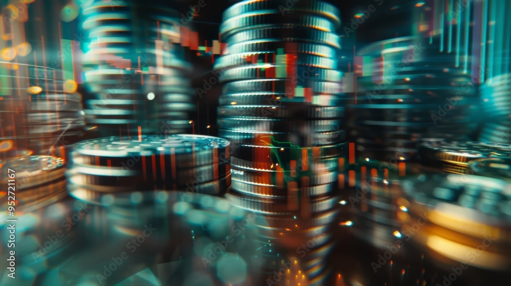 Poster Banking and finance theme with graph and stock display double exposure on coins