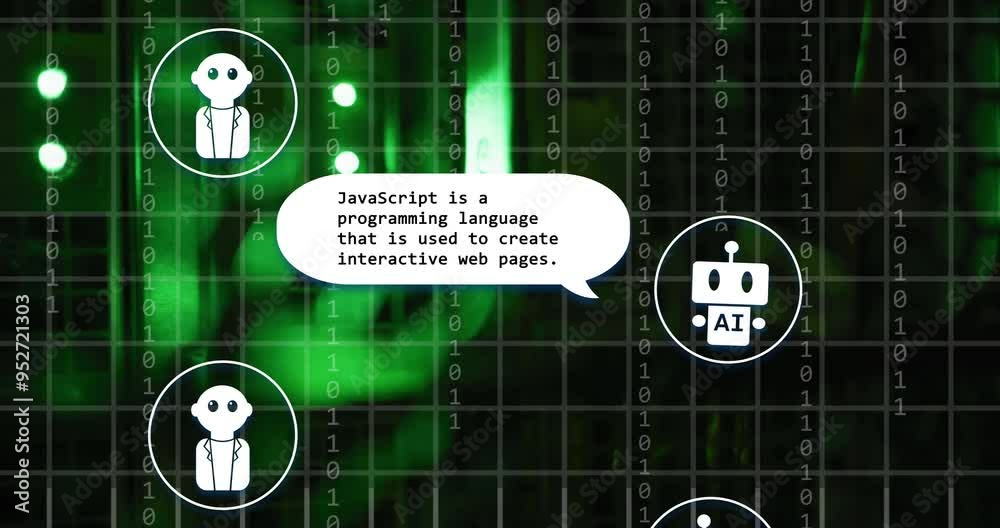 Poster binary code and ai robots with speech bubbles, programming language animation