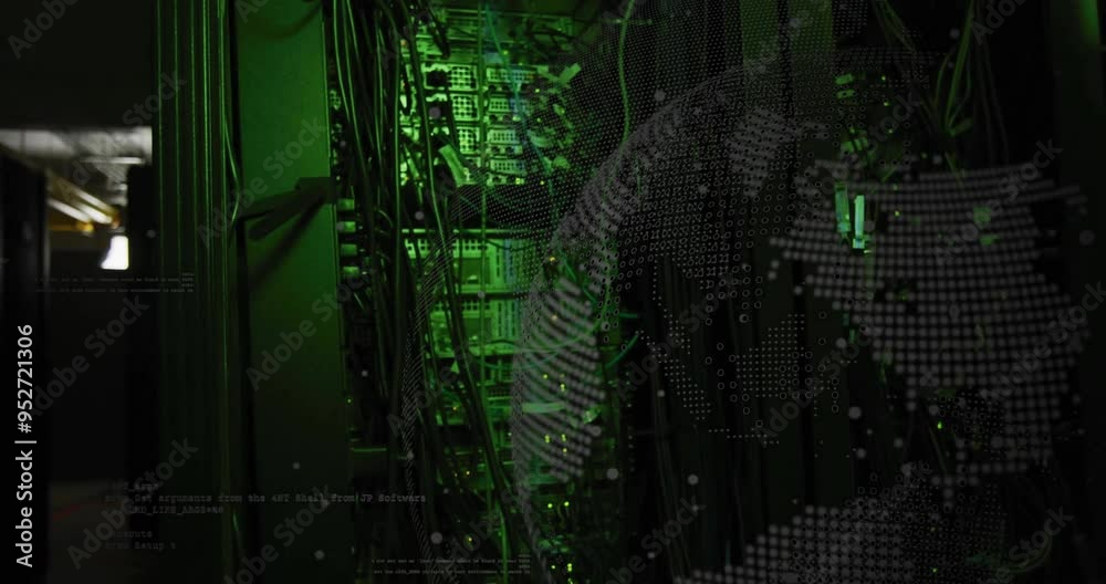 Poster binary code animation over green-lit server racks in data center