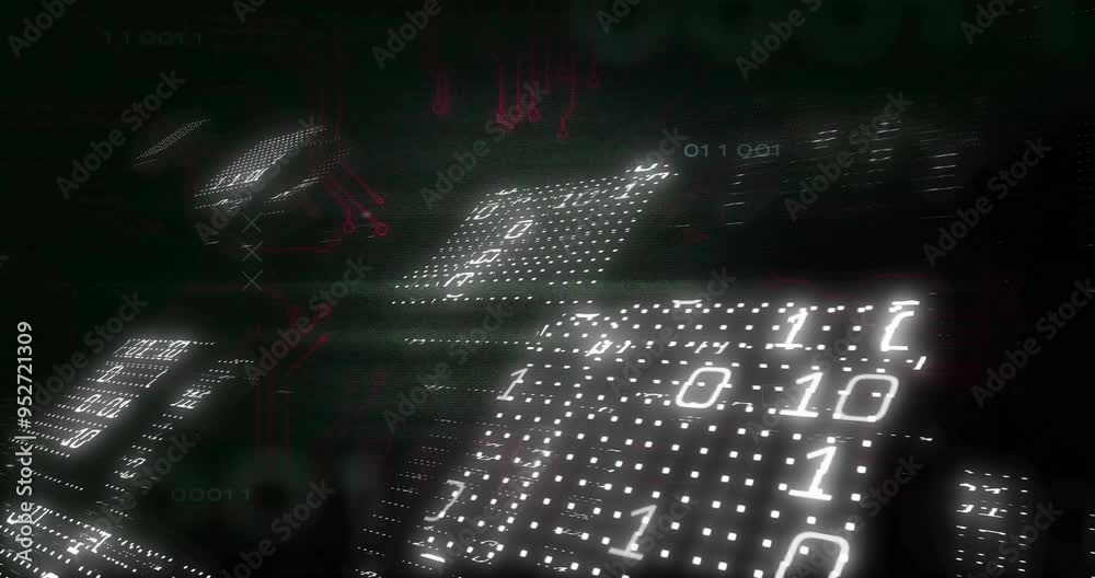 Poster binary code and circuit board animation over dark background