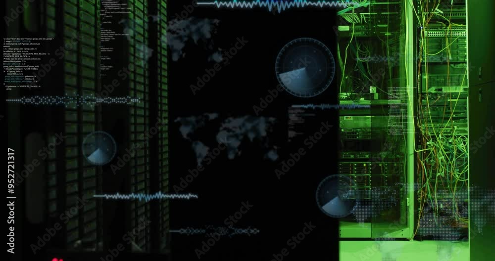 Poster digital data processing animation over world map and skyscraper background