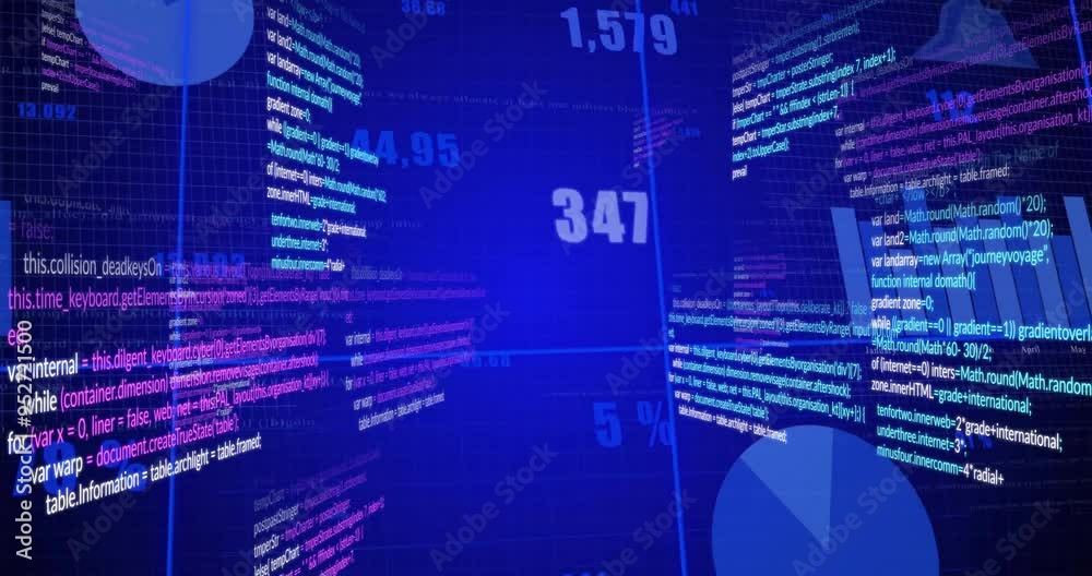 Poster computer code and data visualization animation over blue digital background