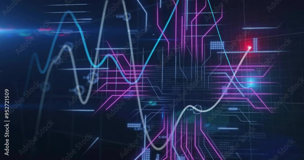Poster Colorful graphs and data lines animation over dark background with grid patterns