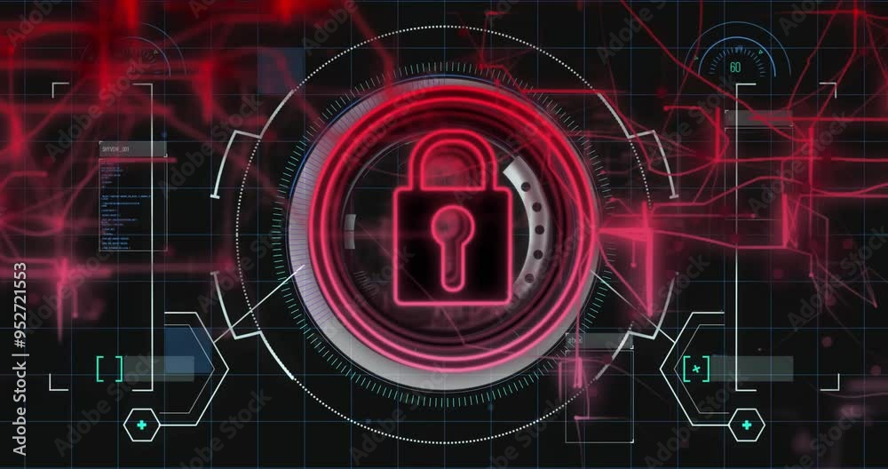 Poster digital padlock and security system animation over futuristic interface