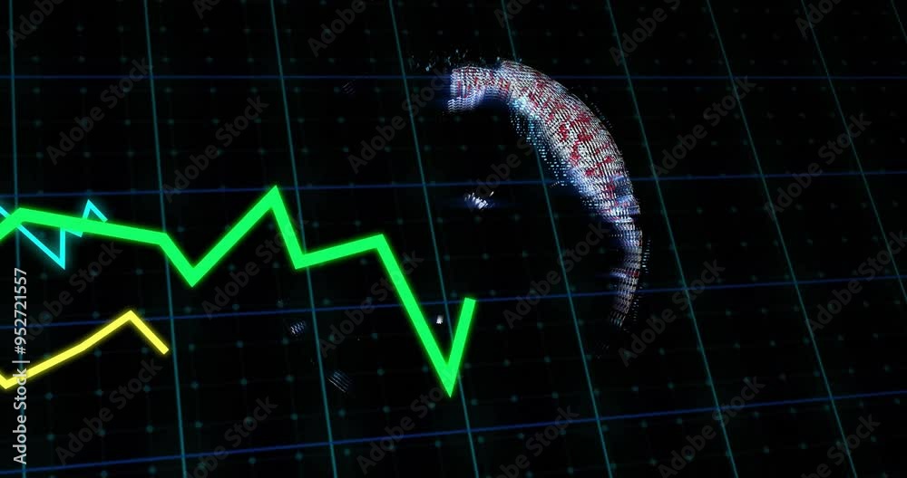Poster green line graph animation over rotating globe on dark grid background