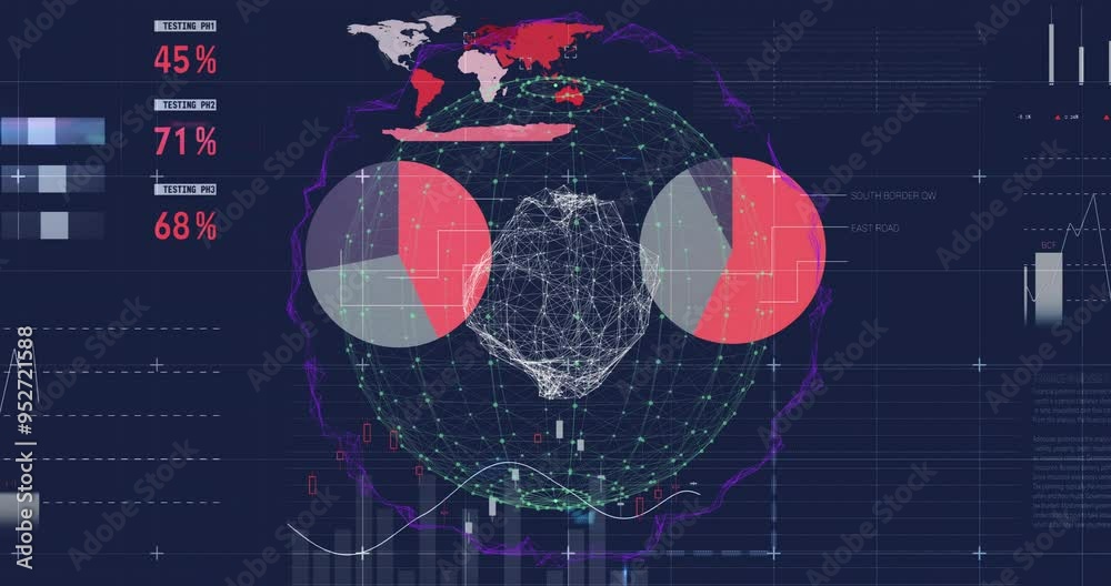 Poster global data visualization animation over various charts and graphs on dark background