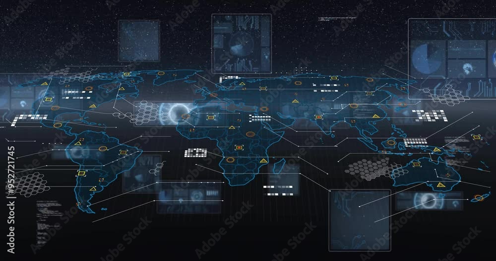 Poster global network connections and data processing animation over world map