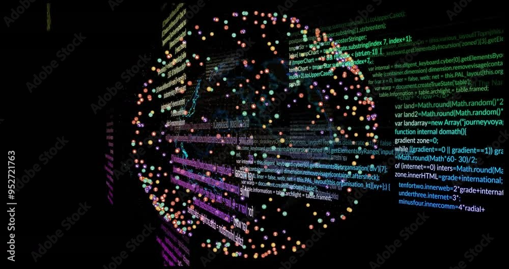 Poster rotating sphere of colorful dots and programming code animation