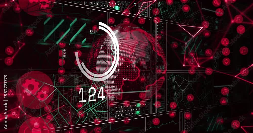 Poster digital data processing animation over red and green graphical interface with numbers