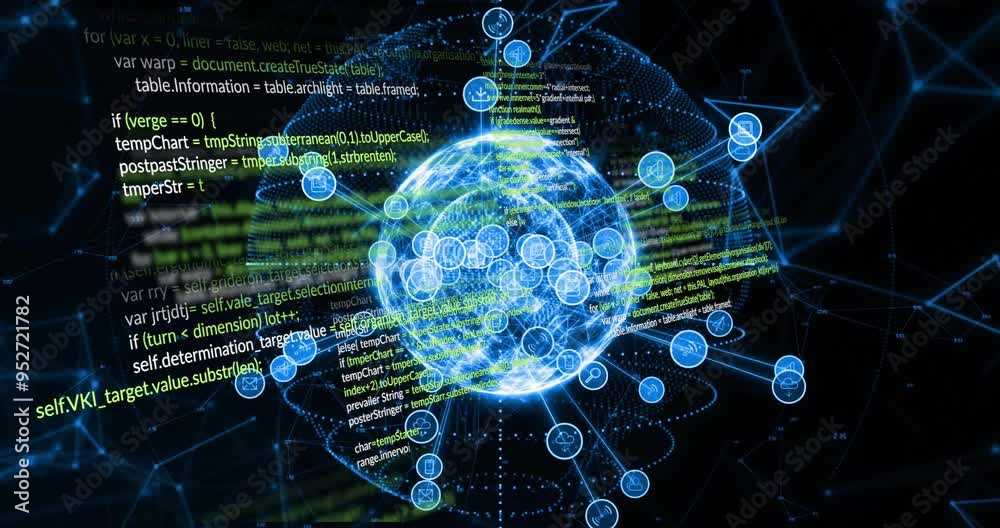 Poster glowing network connections and data processing animation over programming code