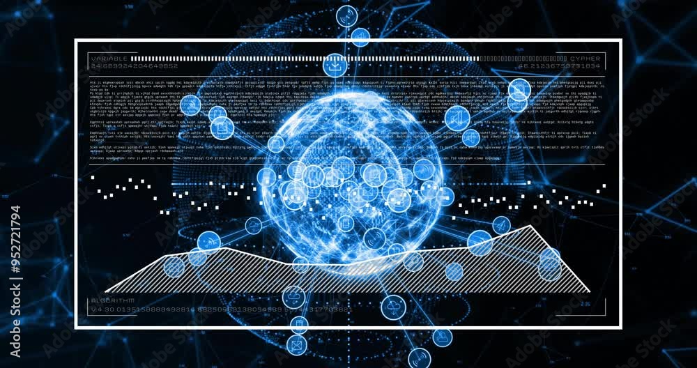 Poster digital globe with data points and binary coding, global network animation