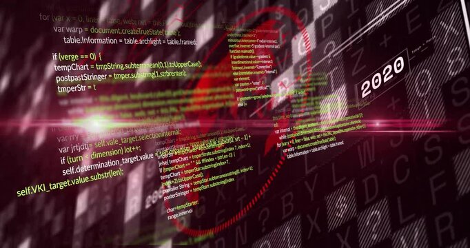 Heart shape and programming code animation over digital background with numbers and letters