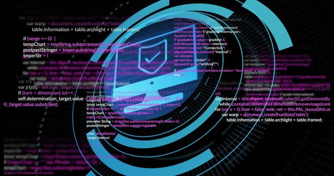 Cybersecurity shield icon with programming code animation over circular digital interface