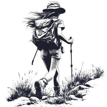 recommend clip art: A woman hiker with a backpack walks down a trail with a hiking stick.